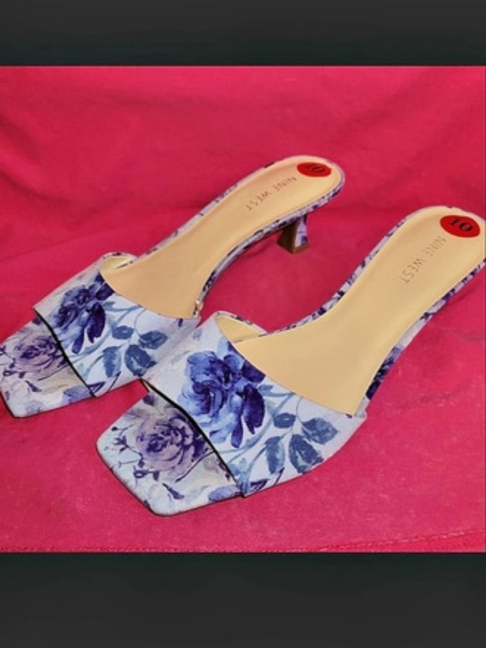 Nine West Luvlie Heeled Slide Sandals Floral Heels Purple & White Size 10 NWOT
